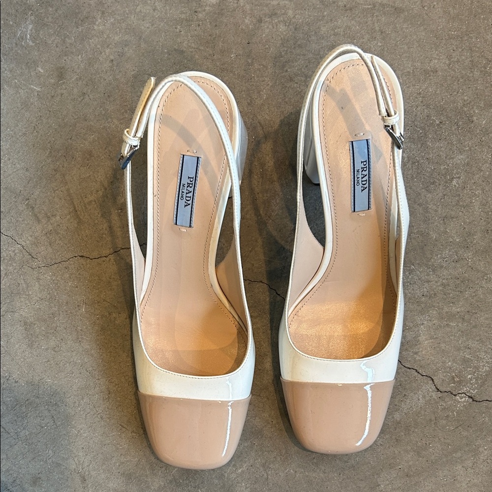 Prada Women's Elegant Cream and Tan Slingback Heels - Picture 2 of 5